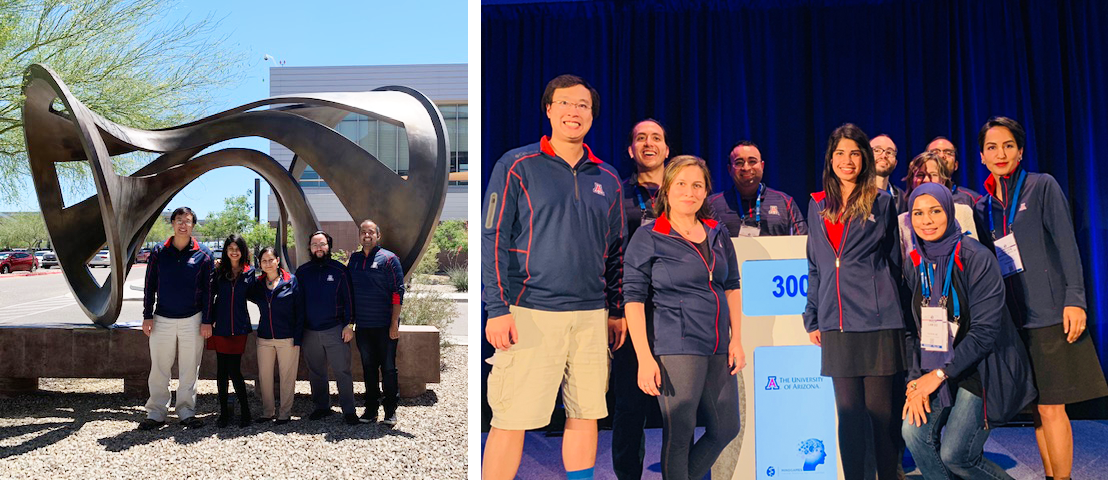 The MindGames team in Tucson (right) and at the competition (left).